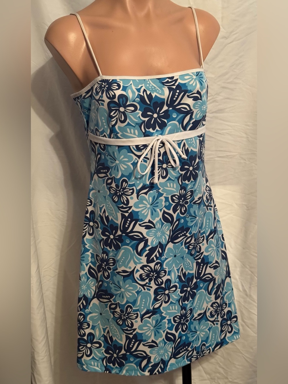 Cute Blue Floral Spaghetti-Strap Hawaiian Mini Sundress L